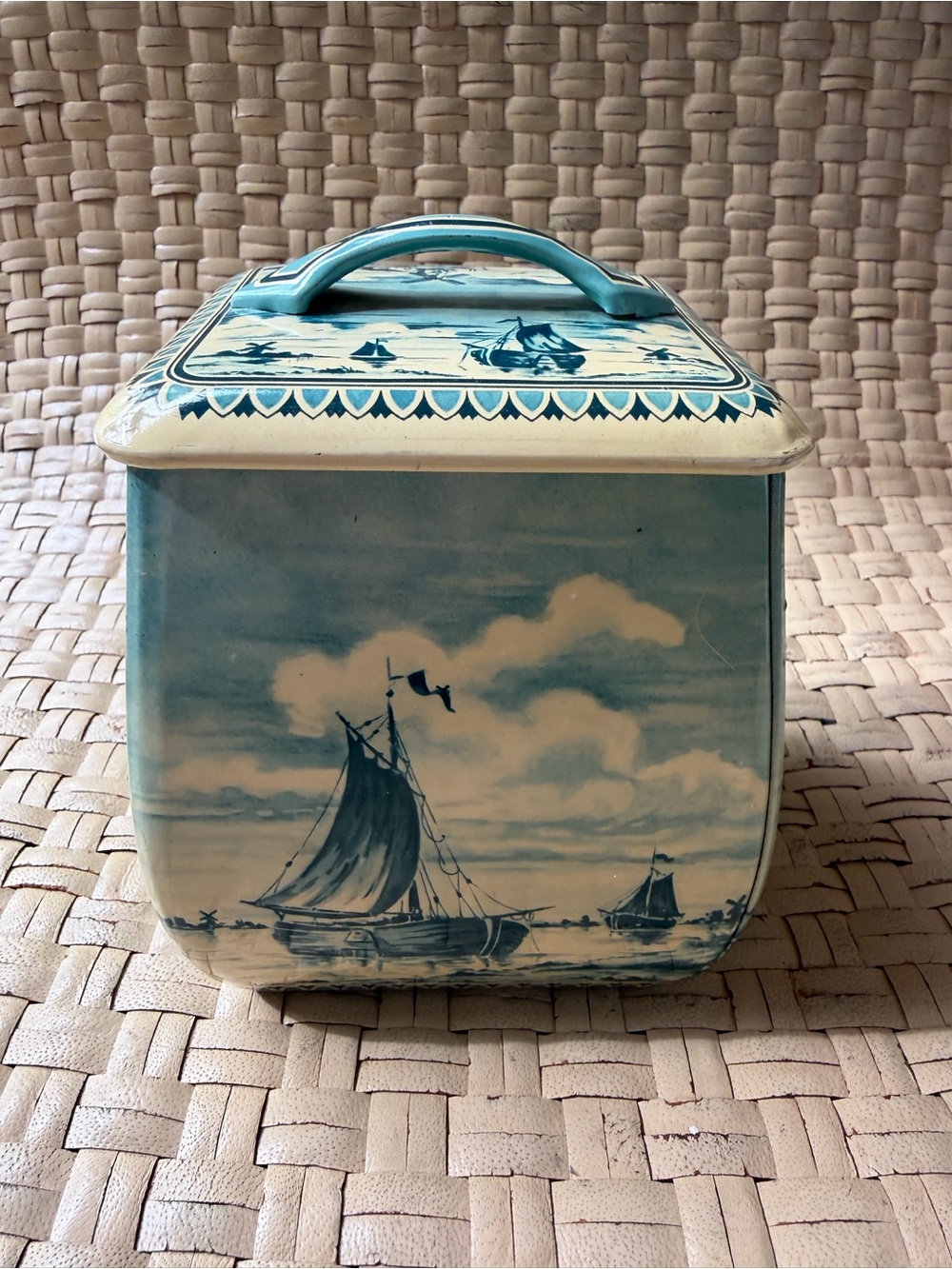 Vintage Blue and Cream Nautical Tin Canister West Germany Decorative Home Art